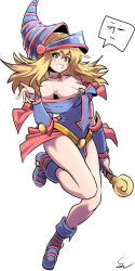  1girl bare_shoulders blonde_hair blue_leotard blush_stickers boots breasts choker cleavage collarbone dark_magician_girl duel_monster full_body green_eyes grin hand_up hat highres holding holding_wand large_breasts leotard pelvic_curtain pentagram samacho signature smile solo spoken_expression thighs wand wizard_hat yu-gi-oh! 