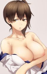  10s 1girl ashiwara_yuu blush breast_lift breasts brown_eyes brown_hair highres japanese_clothes kaga_(kancolle) kantai_collection large_breasts nipple_slip nipples open_clothes open_mouth open_shirt shirt short_hair side_ponytail solo  rating:Questionable score:36 user:danbooru