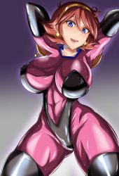  1girl arms_behind_head arms_up bodysuit breasts g_gundam gundam highres huge_breasts impossible_clothes navel puripuri_jet rain_mikamura simple_background solo thick_thighs thighs toned wide_hips  rating:Questionable score:46 user:g_h0