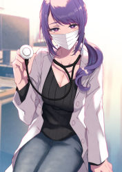  1girl black_shirt breasts cleavage collarbone commentary_request denim doctor highres indoors jeans lab_coat large_breasts long_hair long_sleeves looking_at_viewer mask mole mole_on_breast mole_on_neck mouth_mask original pants pochi_(pochi-goya) ponytail purple_eyes purple_hair shirt sitting solo stethoscope surgical_mask  rating:Sensitive score:40 user:danbooru