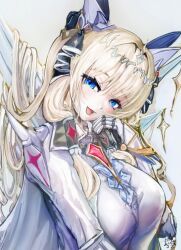 1girl :d armored_gloves blonde_hair blue_eyes breasts coat collared_shirt crown_(nikke) diadem drill_hair goddess_of_victory:_nikke hair_ornament head_tilt headgear jewelry large_breasts long_hair looking_at_viewer necklace open_mouth sakitomousimasu shirt smile solo white_coat white_shirt