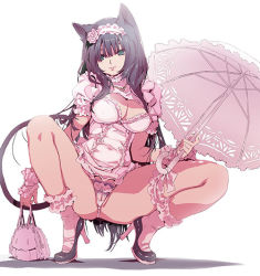  1girl animal_ears ankle_socks bag breasts cat_ears cat_tail cleavage crotchless crotchless_panties female_pubic_hair frills hairband handbag high_heels holding lolita_hairband long_hair looking_at_viewer mamecchi neko_no_wakusei original panties parasol partially_visible_vulva pubic_hair puffy_short_sleeves puffy_sleeves short_sleeves simple_background socks solo squatting tail thong umbrella underwear white_background wrist_cuffs  rating:Explicit score:18 user:danbooru
