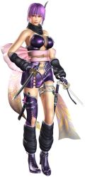 1girl 3d anklet ayane_(doa) bare_shoulders breasts brown_eyes cleavage dead_or_alive fingerless_gloves gloves headband highres japanese_clothes jewelry large_breasts navel ninja_gaiden ninja_gaiden_sigma_2 official_art purple_hair ribbon scarf short_hair simple_background solo sword tecmo weapon rating:Sensitive score:38 user:danbooru