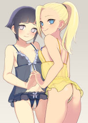 2girls aged_down ass babydoll bad_id bad_twitter_id bare_arms bare_shoulders black_babydoll black_hair black_panties blonde_hair blue_eyes blunt_bangs breasts collarbone commentary_request crotchless crotchless_panties earrings gluteal_fold grey_background grey_eyes highres holding_hands hyuuga_hinata jewelry lingerie loli long_hair multiple_girls naruto_(series) nipples panties pearl_thong ponytail pussy see-through short_hair shoulder_blades simple_background small_breasts smile ukokkei underwear yamanaka_ino yellow_babydoll yellow_panties rating:Explicit score:635 user:danbooru