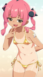  1girl alternate_costume bikini black_eyes black_hair blush breasts commentary_request coral_(pokemon) creatures_(company) fang game_freak gold_bikini highres looking_at_viewer micro_bikini multicolored_hair navel nintendo om_(nk2007) one-piece_tan open_mouth pink_hair pokemon pokemon_(anime) pokemon_horizons side-tie_bikini_bottom small_breasts smug solo swimsuit tan tanline thigh_gap twintails two-tone_hair v 