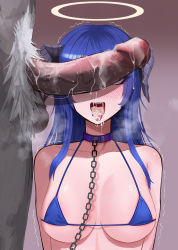  1boy 1girl after_fellatio arknights bare_shoulders bdsm bikini blue_bikini blue_hair blush breasts brown_background censored chain chain_leash cleavage collar collarbone commission cum cum_in_mouth cum_on_tongue demon_horns drooling erection furry furry_male furry_with_non-furry gino_(gino_h) gradient_background halo heavy_breathing hetero highres horns interspecies large_breasts leash long_hair male_pubic_hair micro_bikini mosaic_censoring mostima_(arknights) nose_blush open_mouth penis penis_awe penis_on_face penis_over_eyes pixiv_commission pubic_hair saliva skindentation slave solo_focus swimsuit tongue tongue_out trembling upper_body veins veiny_penis  rating:Explicit score:155 user:danbooru