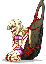  1girl angry arms_behind_back barefoot bdsm bikini bondage bound box_tie crotch_rope fate/hollow_ataraxia fate/stay_night fate_(series) feet flat_chest frogtie gag gagged illyasviel_von_einzbern loli long_hair obsidian official_alternate_costume pink_bikini red_eyes rope saliva shibari solo squemezzo swimsuit sword weapon white_hair 