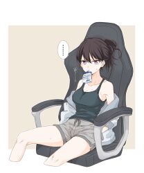  1girl bang_dream! bang_dream!_it&#039;s_mygo!!!!! black_hair black_tank_top border breasts brown_background chair cleavage collarbone commentary cropped_legs drinking_straw drinking_straw_in_mouth folded_ponytail grey_shorts hands_in_pockets highres jacket jelly_drink long_hair looking_at_viewer medium_breasts mole mole_under_eye mouth_hold porinki purple_eyes shiina_taki shorts side_slit side_slit_shorts sitting solo sweat tank_top weider_in_jelly white_background white_border white_jacket zipper 
