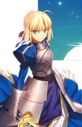  1girl ahoge armor armored_dress artoria_pendragon_(all) artoria_pendragon_(fate) blonde_hair blue_dress dress excalibur_(fate/stay_night) fate/grand_order fate/stay_night fate_(series) green_eyes holding holding_sword holding_weapon long_hair ribbon saber_(fate) standing sword takeuchi_takashi type-moon weapon  rating:General score:19 user:hjuyuu