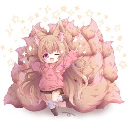  1girl :3 :d absurdres animal_ear_fluff animal_ears brown_hair chibi double_v fox_ears fox_girl fox_tail highres hood hoodie komuginyan long_hair long_sleeves looking_at_viewer miniskirt multiple_tails one_eye_closed open_mouth original outstretched_arms pink_hoodie pleated_skirt purple_eyes simple_background skirt smile socks standing standing_on_one_leg star_(symbol) tail too_much_fluff twitter_username v very_long_hair white_background white_socks 