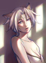  1girl adventurer_(ff11) animal_ears bare_shoulders breasts cactus41747280 cat_ears cat_girl cleavage collarbone facial_mark final_fantasy final_fantasy_xi grey_eyes hair_intakes large_breasts lips mithra_(ff11) no_eyebrows open_mouth pink_lips short_hair solo upper_body whisker_markings white_hair 