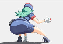  1girl ass automatic_giraffe blue_footwear creatures_(company) from_behind full_body game_freak gloves green_hair hat high_heels holding holding_poke_ball jenny_(pokemon) nintendo pencil_skirt poke_ball pokemon pokemon_(anime) pokemon_(classic_anime) police police_hat police_uniform policewoman rotated simple_background skirt solo thighs uniform white_gloves  rating:Sensitive score:50 user:ehwdihed151