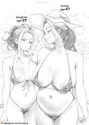  2girls absurdres age_difference areola_slip bare_shoulders bikini blush breasts cleavage commentary covered_erect_nipples english_commentary english_text eyewear_on_head female_pubic_hair fkscrashing front-tie_bikini_top front-tie_top greyscale groin hat highres large_breasts looking_at_another mature_female micro_bikini mom_and_her_daughter_(meme) monochrome mother_and_daughter multiple_girls navel nipple_slip nipples original pubic_hair smile standing sun_hat swimsuit take_your_pick  rating:Questionable score:190 user:danbooru