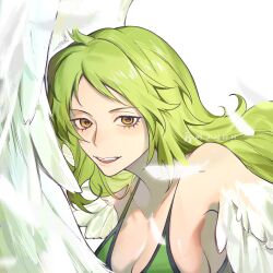1girl bare_shoulders breasts brown_eyes cleavage dated falling_feathers feathered_wings feathers green_hair green_tank_top harpy highres large_breasts long_hair looking_at_viewer monet_(one_piece) monster_girl one_piece open_mouth portrait simple_background solo tank_top teeth upper_teeth_only white_background white_feathers white_wings wings xuchuan