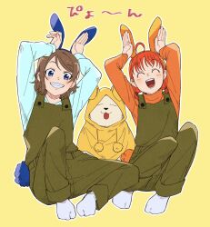  2girls ^_^ animal_ears arms_up blue_eyes brown_hair closed_eyes dog dracham fake_animal_ears fake_tail green_overalls highres long_sleeves looking_at_viewer love_live! love_live!_sunshine!! matching_outfits multiple_girls open_mouth orange_hair overalls rabbit_ears rabbit_tail shiitake_(love_live!_sunshine!!) short_hair smile socks swept_bangs tail takami_chika turtleneck twintails watanabe_you white_socks 