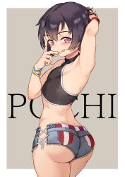  1boy :p absurdres arm_up armpits ass black_hair blush character_name cutoffs english_text gluteal_fold halterneck highres jairou licking_lips looking_at_viewer looking_back male_focus original pochi_(jairou) short_hair short_shorts shorts side-tie_shorts smile solo tongue tongue_out trap  rating:Sensitive score:402 user:FabricioDias