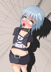  1girl asphyxiation bad_end belly blue_hair blush bound chain crying crying_with_eyes_open defeat diamond_li dying full_body hanged highres legs lifting_another&#039;s_clothes loli magical_girl open_mouth oral pain restrained ryona shaking skirt tears tongue tongue_out torture trembling  rating:Questionable score:35 user:meshareryona