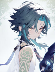  1boy arm_tattoo bead_necklace beads black_hair black_mask closed_mouth facial_mark forehead_mark genshin_impact gloves green_hair holding holding_mask jewelry kanora male_focus mask multicolored_hair necklace short_hair tattoo xiao_(genshin_impact) yellow_eyes 