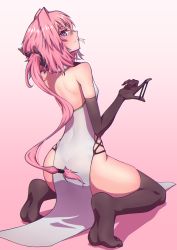  1boy absurdres astolfo_(fate) blush brown_thighhighs crossdressing elbow_gloves fang fate/grand_order fate_(series) feet from_behind gloves hair_intakes hej_(pixiv13035031) highres long_hair looking_at_viewer looking_back male_focus pelvic_curtain pink_hair purple_eyes skin_fang soles solo thighhighs toes trap very_long_hair  rating:Sensitive score:212 user:FabricioDias