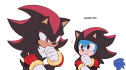  3boys animal_nose artist_name black_eyes black_fur blue_fur clenched_hand cosplay furry furry_male gloves gold_bracelet hallsth-eien hedgehog hedgehog_boy hedgehog_ears hedgehog_tail highres hood hoodie learning_to_be_spider-man_(meme) meme multiple_boys red_eyes red_fur shadow_the_hedgehog shadow_the_hedgehog_(cosplay) simple_background sonic_(series) sonic_generations sonic_superstars sonic_the_hedgehog sonic_x_shadow_generations spider-man:_into_the_spider-verse spider-man_(series) spider-verse star_(sky) tail two-tone_fur white_background white_gloves 