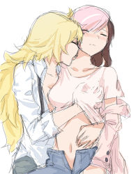 2girls arm_around_waist bad_id bad_pixiv_id blonde_hair blush grabbing_another&#039;s_breast breasts brown_hair cleavage closed_eyes frown grabbing hand_under_clothes hand_under_shirt licking licking_another&#039;s_neck long_hair medium_breasts multicolored_hair multiple_girls navel neo_politan open_clothes open_shirt pink_hair rwby shirt simple_background sketch split-color_hair tl_(xdd) tongue tongue_out wavy_hair white_background white_hair white_shirt yang_xiao_long yuri rating:Questionable score:87 user:danbooru