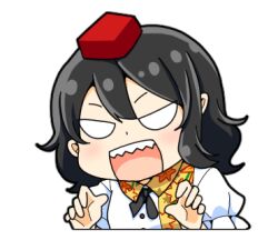 1girl black_hair black_ribbon collared_shirt hat lowres neck_ribbon open_mouth puffy_short_sleeves puffy_sleeves red_headwear ribbon shameimaru_aya sharp_teeth shirt short_hair short_sleeves tatsu_toyoyo teeth tokin_hat touhou white_hair wild_and_horned_hermit