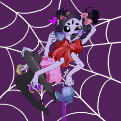  1girl arm_behind_head black_eyes black_pantyhose blush bow character_name colored_skin cup doughnut extra_arms extra_eyes fangs food full_body holding holding_cup holding_doughnut holding_teapot looking_at_viewer muffet pantyhose pink_bow pink_shorts pouring puffy_shorts purple_bow purple_skin red_shirt shanran shirt short_hair short_twintails shorts silk solo spider_web teapot twintails undertale 