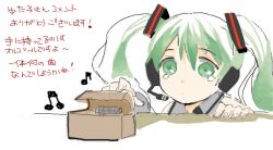  1girl bad_drawr_id bad_id beamed_eighth_notes dot_mouth dot_nose eighth_note green_eyes green_hair hair_between_eyes hair_ornament hands_up hatsune_miku headphones headset jaggy_lines long_hair looking_ahead microphone music_box musical_note oekaki ogawa_maiko peeking_out sad sketch solo tareme tearing_up tears thank_you translation_request twintails upper_body vocaloid white_background 