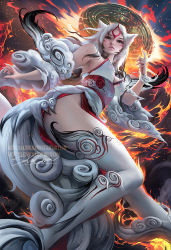 1girl amaterasu_(ookami) animal_ears artist_name ass blush breasts facial_mark fire from_below long_hair looking_to_the_side ookami_(game) personification sakimichan signature solo thighhighs watermark web_address white_hair wolf_ears rating:Sensitive score:56 user:danbooru
