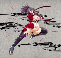  1girl big_belly blood blood_on_face blood_on_hands blood_splatter bloody_weapon breasts character_request commission copyright_request dual_wielding elbow_gloves female_pubic_hair full_body gloves green_eyes hair_between_eyes highres holding holding_weapon kobayashi_tetsuya large_breasts long_hair ninja nipples nude outie_navel pixiv_commission ponytail pregnant pubic_hair purple_hair solo thighhighs weapon 