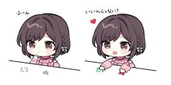  1girl :&lt; :d black_hair blush bongo_cat bow braid brown_eyes chibi commentary_request finger_to_own_chin hair_bow heart like_and_retweet long_sleeves meme multiple_views open_mouth pink_shirt project_sekai retweet_(meme) shinonome_ena shirt short_hair simple_background smile translated waka_(wk4444) 