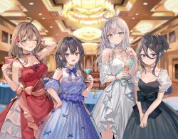  4girls :d absurdres ahoge alisa_mikhailovna_kujou arm_up armpit_crease bead_bracelet beads black_dress black_eyes black_hair blue_eyes blue_nails blurry blurry_background blush bow bowtie bracelet breasts brown_eyes brown_hair chandelier cleavage closed_mouth collar collarbone commentary_request cowboy_shot cup depth_of_field detached_sleeves dress dress_bow drinking_glass fingernails flower frilled_collar frills hair_between_eyes hair_bun hair_flower hair_ornament hair_ribbon hand_on_own_hip hand_up heart heart_necklace highres holding holding_cup ice jewelry kimishima_ayano large_breasts long_hair looking_at_viewer looking_to_the_side mariya_mikhailovna_kujou medium_breasts momoko_(momopoco) multiple_girls nail_polish necklace official_art one_eye_closed open_mouth own_hands_together polka_dot polka_dot_skirt purple_bow purple_bowtie purple_dress raised_eyebrows red_dress red_nails ribbon second-party_source siblings sideways_glance single_hair_bun sisters skirt smile suou_yuki tokidoki_bosotto_roshia-go_de_dereru_tonari_no_arya-san vase white_dress wine_glass 