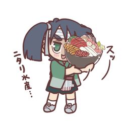 1girl black_hair bowl chibi commentary_request ferret-san food full_body green_hair green_hakama green_kimono hakama hakama_skirt headband japanese_clothes kantai_collection kimono long_hair noodles ramen simple_background skirt smile solo souryuu_(kancolle) thick_eyebrows translation_request twintails white_background wide_sleeves 