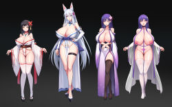 4girls absurdres animal_ears areola_slip black_hair blue_eyes breasts choker closed_mouth crossed_legs curvy flower green_eyes groin hair_flower hair_ornament heart heart-shaped_pupils heart_tattoo high_heels highres huge_breasts japanese_clothes kcccc long_hair long_sleeves looking_at_viewer magatama magatama_necklace miko multiple_girls necklace nipples nontraditional_miko original parted_lips pelvic_curtain plump pubic_tattoo purple_eyes purple_hair revealing_clothes ribbon-trimmed_legwear ribbon_trim shoes side_slit sidelocks silver_hair smile standing symbol-shaped_pupils tattoo thigh_strap thighhighs very_long_hair watson_cross wide_sleeves  rating:Explicit score:137 user:danbooru
