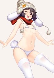 1girl :3 alternate_costume animal_ears badge beanie bikini black_hair blush breasts brown_hat button_badge carrot_pin commentary_request cowboy_shot floppy_ears hat hataraki_kuma inaba_tewi looking_at_viewer medium_bangs one_eye_closed open_mouth pom_pom_(clothes) rabbit_ears rabbit_girl rabbit_tail short_hair simple_background small_breasts smile solo swimsuit tail thighhighs touhou white_background white_bikini white_thighhighs  rating:Sensitive score:9 user:danbooru