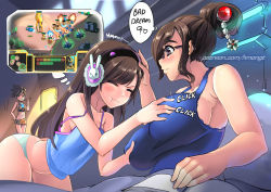  3girls :t bare_shoulders beads blizzard_(company) blush grabbing_another&#039;s_breast breasts brown_eyes brown_hair brushing_teeth camisole closed_eyes company_connection d.va_(overwatch) dreaming earmuffs english_text glasses grabbing hair_bun hair_ornament hair_stick hand_on_own_hip headband headpat hm_(hmongt) huge_breasts long_hair looking_at_another marine_(starcraft) mei_(overwatch) multiple_girls overwatch overwatch_1 panties pout short_hair shorts siege_tank_(starcraft) single_hair_bun sleepwalking sound_effects speech_bubble starcraft strap_slip tank_top toothbrush tracer_(overwatch) underwear underwear_only yuri zealot_(starcraft)  rating:Sensitive score:221 user:danbooru