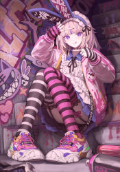  +_+ 1girl animal_ears apron ass asymmetrical_legwear blonde_hair blue_dress closed_mouth collared_dress dress fake_animal_ears fingernails frilled_apron frills graffiti highres long_fingernails long_hair long_sleeves looking_at_viewer mismatched_legwear multicolored_hair nail_polish original osobachan pink_footwear purple_eyes purple_nails rabbit_ears shoes sitting sitting_on_stairs smile sneakers solo stairs streaked_hair striped_clothes striped_thighhighs thighhighs tongue tongue_out white_apron 