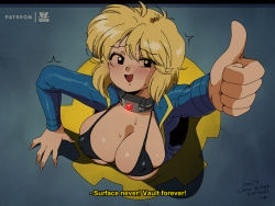  1girl :d bikini bikini_top_only black_bikini black_eyes blonde_hair blue_jumpsuit bluethebone blush breasts collar commentary english_commentary english_text eyes_visible_through_hair fallout_(series) fallout_4 jumpsuit large_breasts looking_at_viewer mob_face open_clothes open_jumpsuit open_mouth retro_artstyle short_hair smile solid_oval_eyes solo subtitled sweat swimsuit through_wall thumbs_up vault_girl vault_suit  rating:Sensitive score:155 user:danbooru