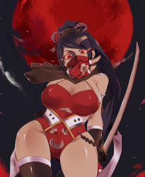 1girl ari1045 bad_id bad_pixiv_id black_hair blush breasts cleavage female_focus full_moon glowing glowing_eyes half_mask large_breasts light_trail long_hair looking_at_viewer mask moon mouth_mask nikki_yakata_(oshiro_project) ninja oshiro_project:re ponytail red_eyes red_moon solo sword very_long_hair weapon rating:Sensitive score:29 user:danbooru