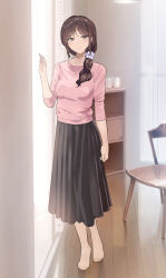  1girl arm_at_side black_skirt breasts brown_hair brown_pantyhose candle chair collarbone curtains feet female_focus frilled_hairband frills full_body grey_eyes hair_tie hairband head_tilt highres indoors long_hair looking_at_another looking_at_viewer mature_female medium_breasts neck pantyhose pink_shirt ponytail shirt skirt sleeves_rolled_up smile solo standing sweater toes wooden_floor yewang19  rating:General score:102 user:pearbear