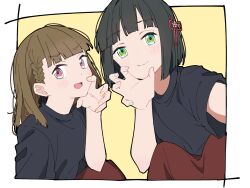  2girls :d black_hair black_shirt blue_nails blunt_bangs blunt_ends blush bob_cut border braid brown_hair brown_skirt center-flap_bangs cheek_press claw_pose closed_mouth commentary_request flower flower_knot green_eyes hair_flower hair_ornament hand_on_own_cheek hand_on_own_face highres kachimachi_kosuzu link!_like!_love_live! liz_(piyoko_piyop) long_hair looking_at_viewer love_live! momose_ginko multiple_girls open_mouth outside_border pink_eyes selfie shirt short_hair short_sleeves side_braids skirt smile split_mouth straight_hair v-shaped_eyebrows virtual_youtuber white_border yellow_background yellow_nails 