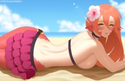  1girl beach bikini blacksaikou blush breasts choker cloud cloudy_sky flower hair_between_eyes hair_flower hair_ornament lamia large_breasts long_hair looking_at_viewer lying miia_(monster_musume) monster_girl monster_musume_no_iru_nichijou o-ring o-ring_bottom on_stomach open_mouth outdoors piercing pointy_ears red_hair sand scales sky slit_pupils solo swimsuit yellow_eyes  rating:Sensitive score:52 user:danbooru