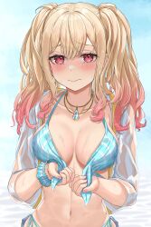 1girl absurdres bikini blonde_hair blue_bikini blush breasts cleavage collarbone highres hinato1710 jewelry long_hair looking_at_viewer medium_breasts navel necklace project_sekai solo swimsuit tenma_saki twintails wet 