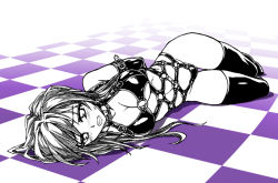  1girl arms_behind_back bad_id bad_pixiv_id bdsm blush bondage bondage_outfit bound breasts checkered_floor collar fish.boy floor harness limited_palette long_hair lying medium_breasts monochrome on_side original partially_colored purple_theme solo thighhighs  rating:Questionable score:46 user:danbooru