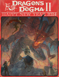  2024 absurdres arisen_(dragon&#039;s_dogma) armor bow_(weapon) breath_weapon breathing_fire cape chinese_zodiac commentary dagger derivative_work dragon dragon&#039;s_dogma dragon&#039;s_dogma_(series) dragon&#039;s_dogma_2 dual_wielding dungeons_&amp;_dragons english_commentary fangs fire glowing glowing_eyes greatsword grigori_(dragon&#039;s_dogma) happy_new_year highres holding holding_staff knife mage_staff new_year official_art pawn_(dragon&#039;s_dogma) robe staff sword weapon wings year_of_the_dragon  rating:Sensitive score:11 user:danbooru
