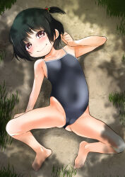  1girl bare_arms bare_legs bare_shoulders barefoot black_hair blue_one-piece_swimsuit blush cameltoe closed_mouth collarbone commentary_request dirt female_focus flat_chest full_body gluteal_fold grass groin highleg highleg_swimsuit highres loli looking_at_viewer lying maki_daikichi on_back on_ground one-piece_swimsuit one_side_up original outdoors red_eyes school_swimsuit short_hair smile solo spread_legs swimsuit tree_shade 