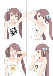  1girl absurdres asagumo_(kancolle) brown_hair camisole character_request grey_eyes hair_ribbon highres jungle_taitei kantai_collection leo_(jungle_taitei) lion_print long_hair multiple_views ribbon simple_background the_lion_king toplow twintails upper_body white_background white_camisole 