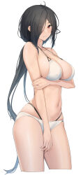 1girl absurdres bikini black_hair breasts cleavage collarbone commentary_request cowboy_shot hair_over_one_eye highres holding_own_arm large_breasts long_hair looking_at_viewer navel original pallad red_eyes simple_background smile solo standing swimsuit white_background white_bikini  rating:Sensitive score:20 user:danbooru