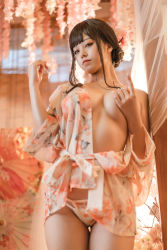  1girl ass bare_back bare_legs bare_shoulders barefoot beckoning breasts cosplay curly_hair curtains flower flower_on_head flower_print flowers_in_hair highres indoors japanese_clothes japanese_house large_breasts leaf long_image mizhimaomao mizhimaoqiu nail_polish photo_(medium) real_life standing tagme undressing white_nails  rating:Sensitive score:38 user:Milkshake76