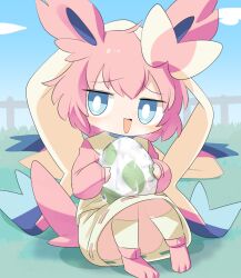  1girl blue_eyes blue_sky blush bright_pupils cloud commentary_request cookie_(touhou) creatures_(company) egg fence full_body game_freak gen_6_pokemon grass highres holding holding_egg lets0020 looking_at_viewer medium_bangs nintendo nose_blush nyon_(cookie) open_mouth paw_shoes pink_footwear pink_hair pink_shirt pokemon shirt short_hair sitting skirt sky smile socks solo sylveon vest white_pupils wooden_fence yellow_skirt yellow_socks yellow_vest 